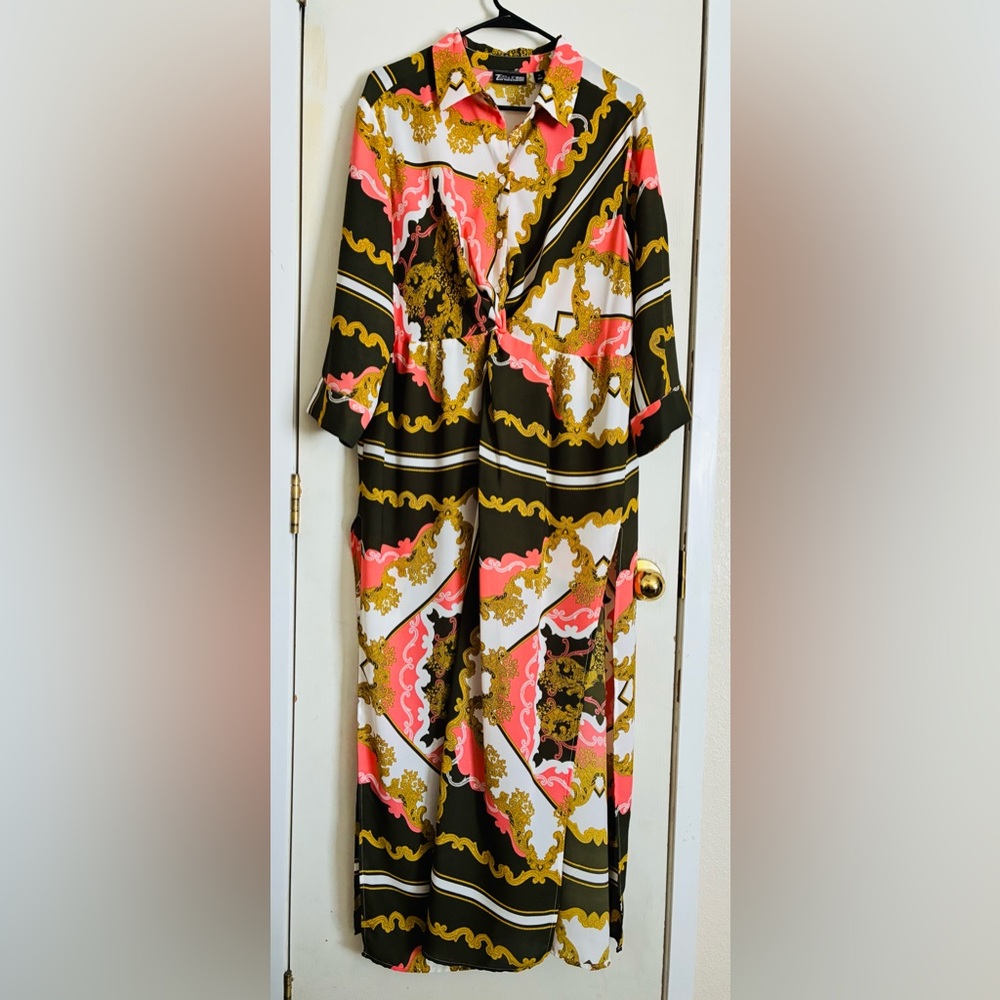 New York & Company Coral, Gold & Black Baroque Jumpsuit
